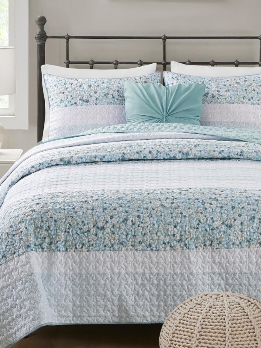 Seersucker Floral Coverlet Aqua Queen Quilt Set, 4pc